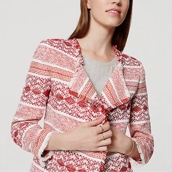 Ann Taylor LOFT Multi Pattern Textured Fringe Boho Open Blazer - Picture 6 of 8